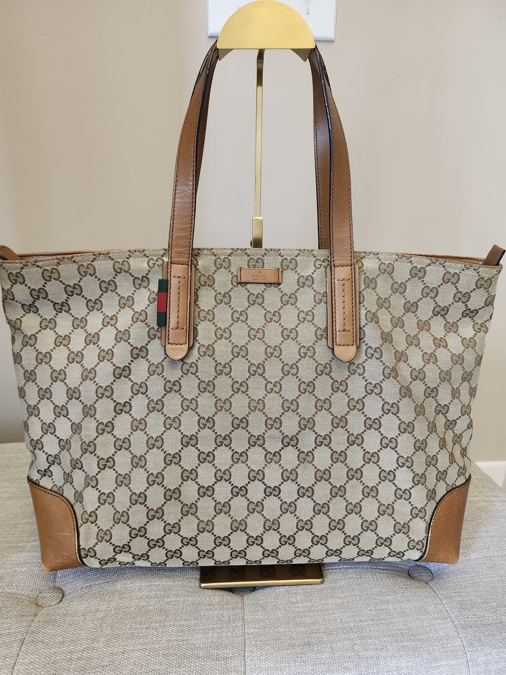 Gucci GG Tan Canvas Sherry Line Shoppers Tote Bag With Leather Accents